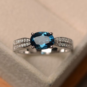 London blue topaz ring, engagement ring for woman, silver 925 ring, east to west ring, oval cut blue topaz ring
