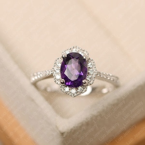 Purple amethyst ring, oval cut, February birthstone ring, sterling silver wedding ring