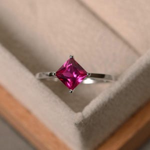 Lab ruby ring, princess cut, July birthstone, solitaire ring image 1