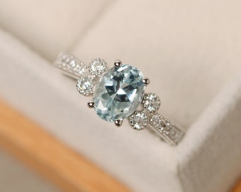 Aquamarine ring, oval cut, natural aquamarine, sterling silver, March birthstone ring