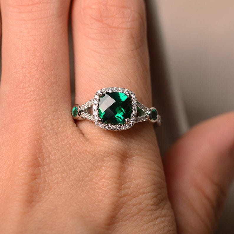 Bague de fiançailles émeraude, émeraude taille coussin, bague de promesse, argent sterling, émeraude image 4
