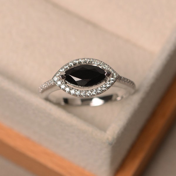 Natural black spinel ring, marquise cut gemstone, sterling silver, engagement ring, black gemstone, engagement ring