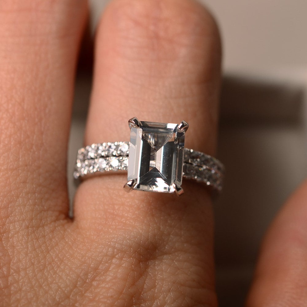White Topaz Engagement Ring Sterling Silver Emerald Cut Etsy