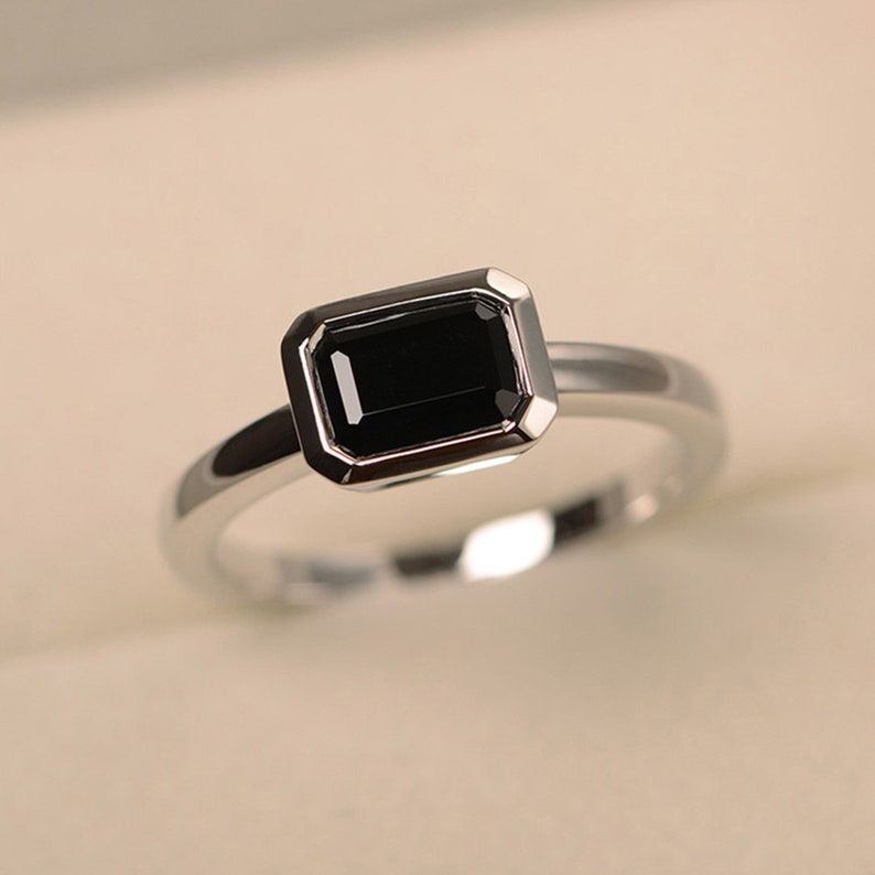 emerald cut solitaire ring Black spinel ring east west ring sterling silver black gemstone ring