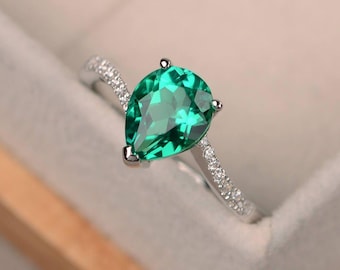 Emerald ring silver, pear cut engagement rings, green gemstone ring, May birthstone