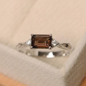 Smoky quartz ring, emerald cut, brown stone ring, sterling silver, engagement ring