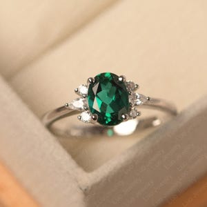 Emerald wedding ring, oval shaped, green stone, sterling silver, May birthstone, multi-stone ring
