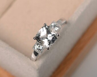 wedding ring ,natural white topaz ring,genuine gemstone ring,sterling silver ring,cushion cut