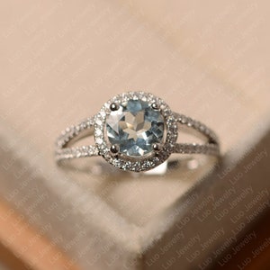 Aquamarine ring, sterling silver, engagement ring, round cut, March birthstone ring