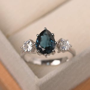 London blue topaz statement ring, three stone November birthstone ring, pear cut, unique birthday gifts