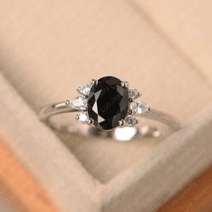 Black spinel ring, oval cut black stone ring, white gold, engagement ring for women
