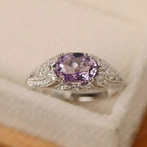 Amethyst ring, oval cut, purple stone ring, February birthstone, sterling silver, engagement ring