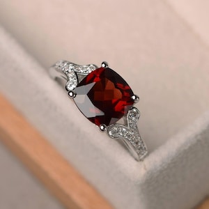 natural garnet ring, cushion cut promise wedding ring, sterling silver ring,red gemstone ring,January birthstone ring