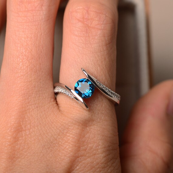 London Blue Topaz Ring Round cut blue stone topaz Engagement ring November Birthstone Ring