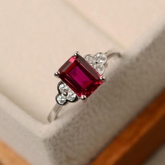 Lab ruby ring, rectangle ring, July birthstone ring, red ruby ring, rectangle ring
