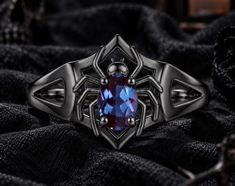 Unique Oval Cut Alexandrite Engagement Ring Spider Gothic Ring Witchy Ring, Color Changing Gem ring, June Birthstone, Halloween Ring