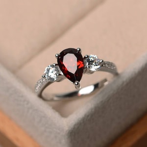 Natural garnet ring, promise ring, red gemstone ring, pear cut gemstone, sterling silver ring, January birthstone ring image 1