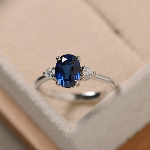 Anillo de compromiso de plata con zafiro, piedra preciosa azul de corte ovalado, regalo para mamá, piedra natal de septiembre