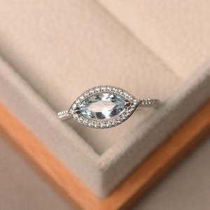 Marquise aquamarine ring, March birthstone, silver, promise ring, halo ring
