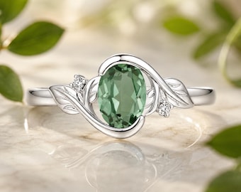 Vintage Oval Cut Green Sapphire Engagement Ring Leaf Vine Ring Bypass Promise Ring