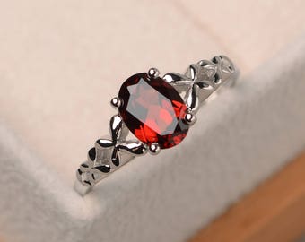 Natural red garnet ring, promise ring, oval cut gemstone, January birthstone, sterling silver ring