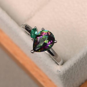 mystic topaz ring,  pear cut, rainbow gemstone, sterling silver, engagement ring for women