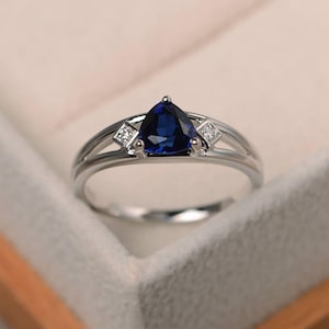 Blue sapphire ring, engagement ring, trillion cut gemstone, September birthstone, sterling silver ring