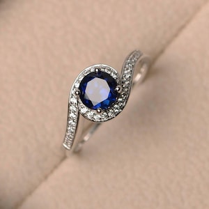 Lab blue sapphire ring, wedding ring, round cut gemstone, sterling silver ring, blue gemstone ring, September birthstone ring
