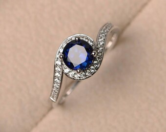 Lab blauer Saphir Ring, Ehering, runder Edelstein Ring, Sterling Silber Ring, blauer Edelstein Ring, September Geburtsstein Ring