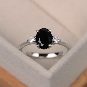 Black spinel ring, Oval shaped engagement ring, black gemstone ring, sterling silver,party ring