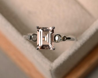 Natural morganite ring, pink gemstone, sterling silver, engagement ring