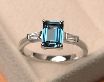 Genuine London blue topaz ring, emerald cut, three stone ring, sterling silver,anniversary ring, gifts for mom