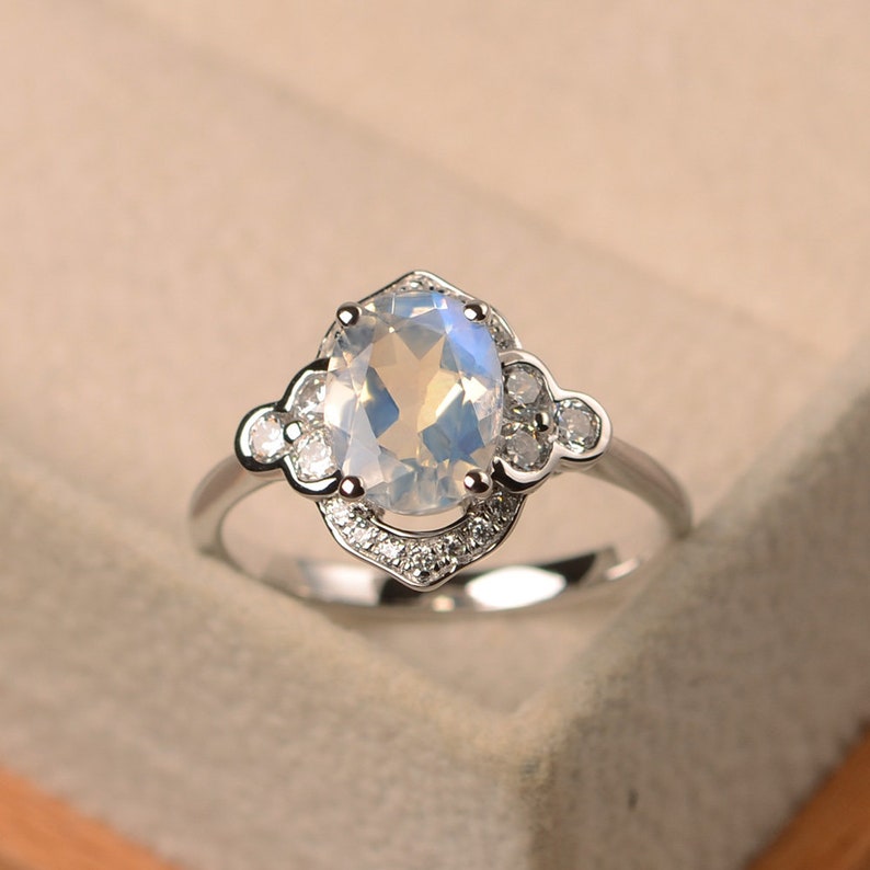 halo ring oval cut rings faceted moonstone ring Natural blue moonstone ring June birthstone