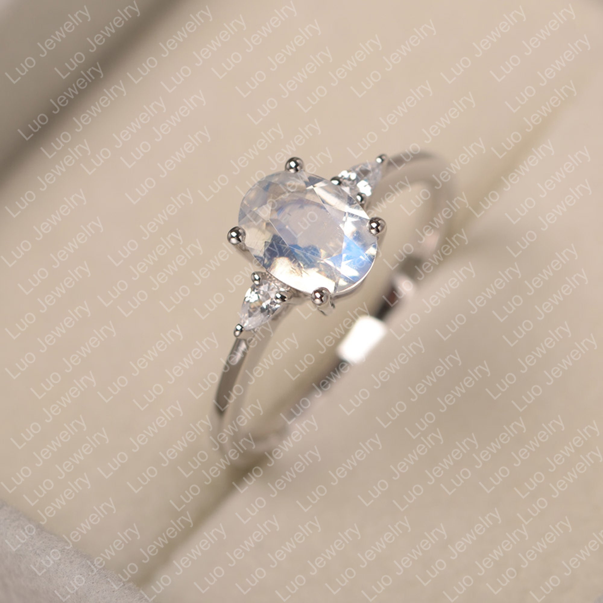 Blue Moonstone Ring, White Gold Engagement Ring, Oval Cut