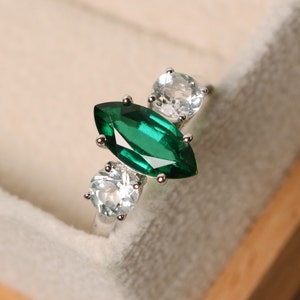 Marquise cut emerald ring, three stone ring, sterling silver, green gemstone ring, dinner ring