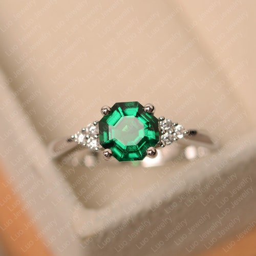 Emerald ring, sterling silver engagement shops ring, May birthstone, octagon cut green stone ring
