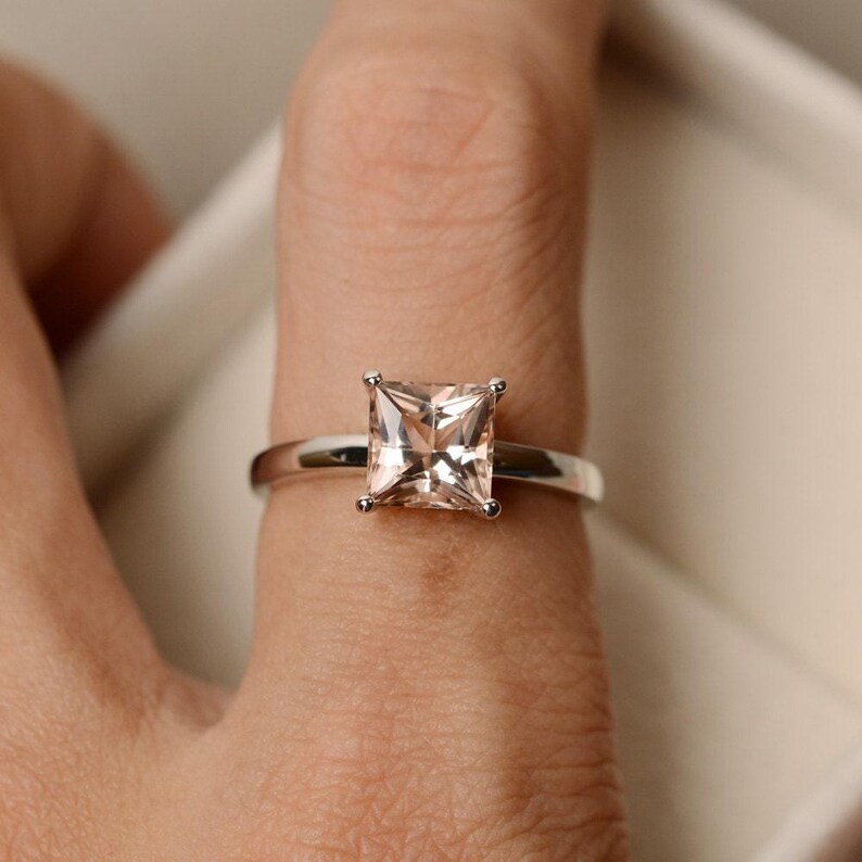 Morganite ring, princess cut, solitaire ring, promise ring image 4