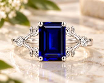 Rectangular Blue Sapphire Ring Emerald Cut Sapphire Ring September Birthstone Ring Split Leaf Wedding Promise  Ring