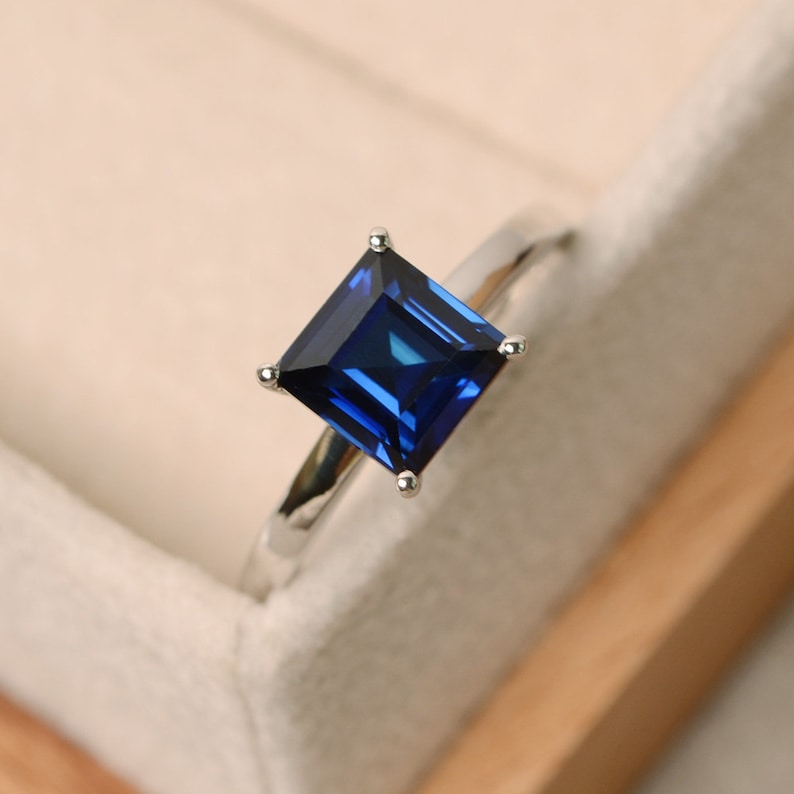 solitaire ring square ring Sapphire ring sterling silver blue sapphire ring