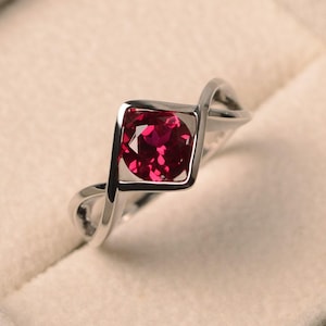 Ruby promise rings, July birthstone rings, round cut red stone, sterling silver rings, solitaire ring