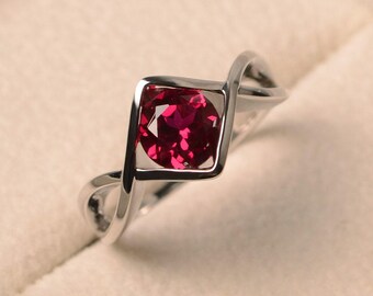 Ruby promise rings, July birthstone rings, round cut red stone, sterling silver rings, solitaire ring