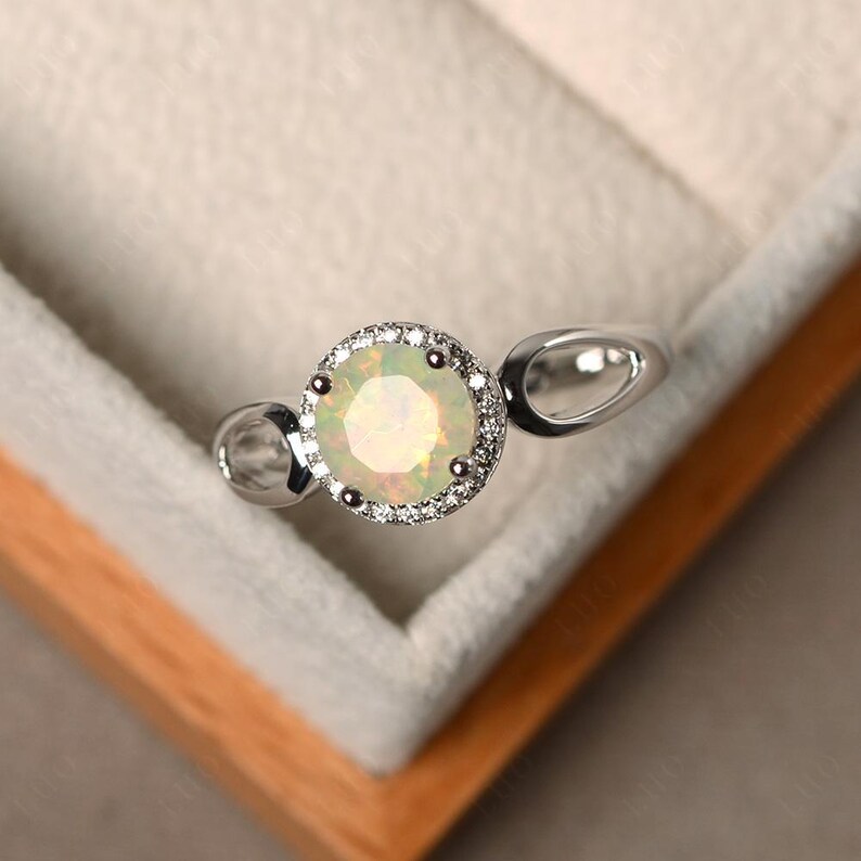 Blue sapphire rings, cocktail rings, September birthstone, round cut blue gemstone, silver rings, halo rings Opal