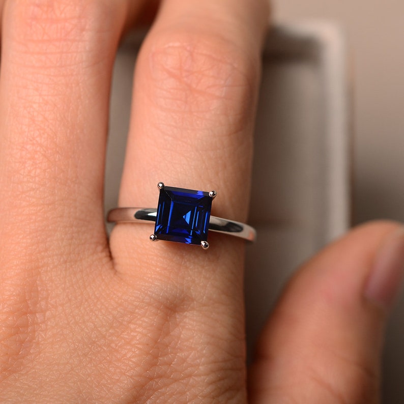 solitaire ring square ring Sapphire ring sterling silver blue sapphire ring