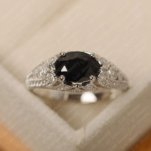 Oval cut black spinel ring, balck gems ring, sterling silver, engagement ring