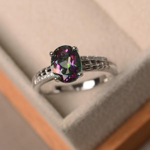 Mystic topaz ring, rainbow topaz ring, oval cut, promise ring, anniversary gift, sterling silver ring