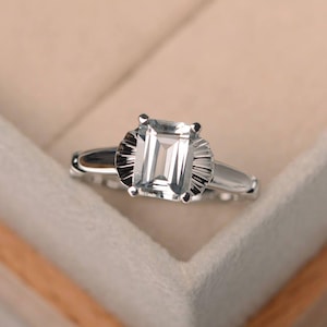 engagement ring,natural white topaz ring,emerald cut,solitaire ring,gemstone ring,sterling silver ring
