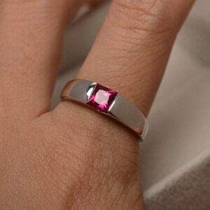 Ruby ring, wedding engagement ring, solitaire ring, red gemstone, princess cut, sterling silver image 4