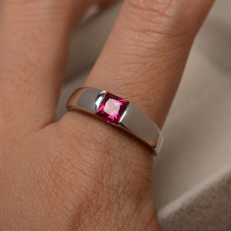 Ruby ring, wedding engagement ring, solitaire ring, red gemstone, princess cut, sterling silver image 4