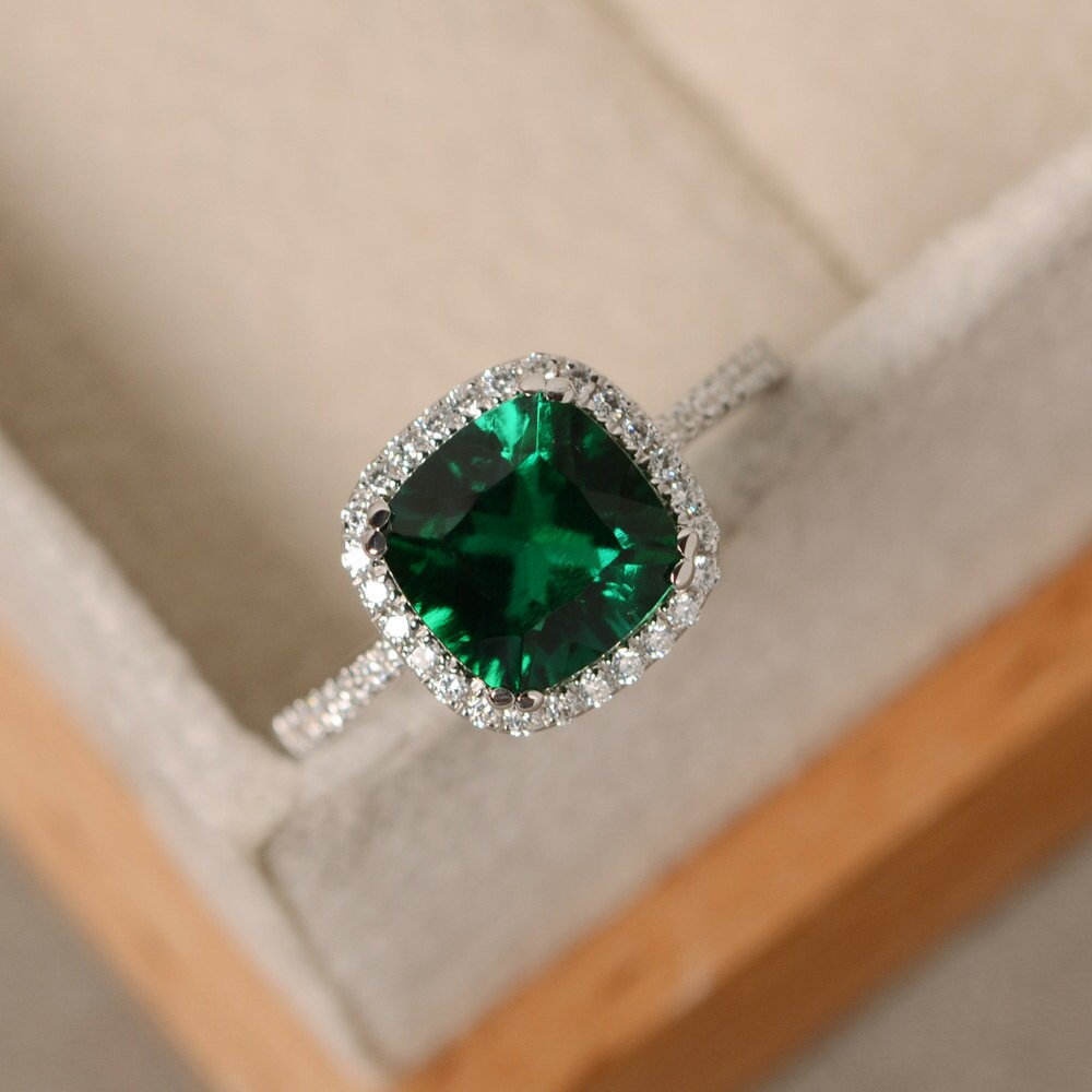 Emerald engagement ring sterling silver cushion cut emerald Etsy