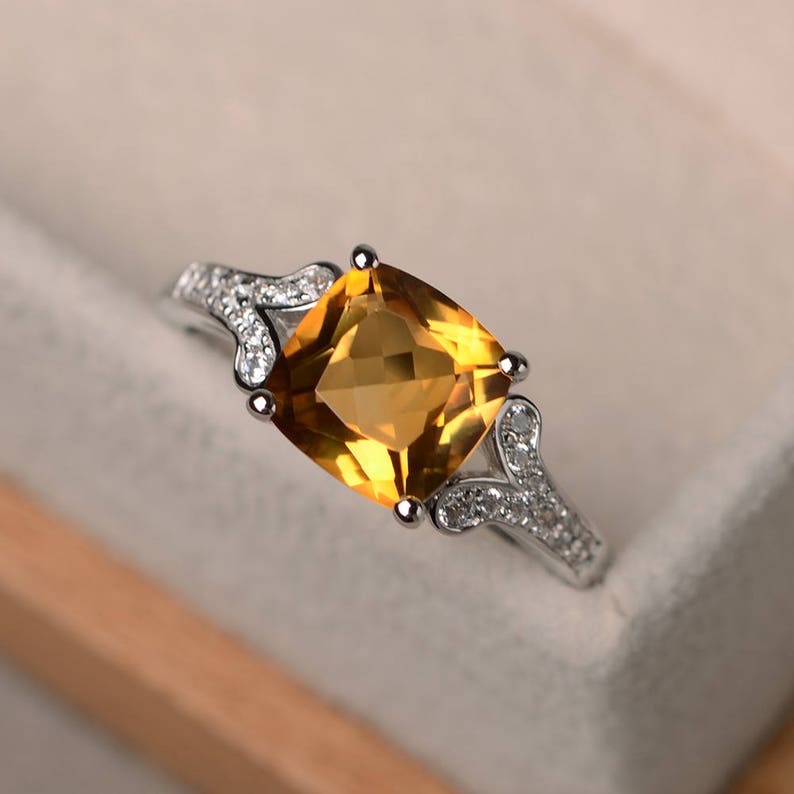 natural citrine ring sterling silver ring,yellow gemstone ring,November birthstone ring cushion cut engagement wedding ring